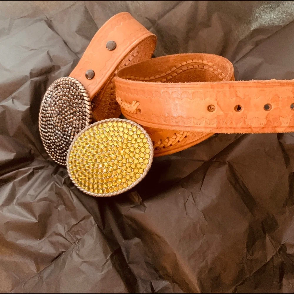 Women’s Crystal Oval Buckle Leather Belt in Orange